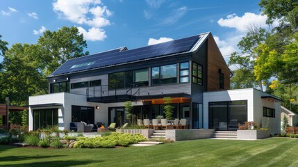 This modern passive house is complemented by a landscaped yard, with solar panels adorning the gable roof to maximize energy efficiency - obrazy, fototapety, plakaty