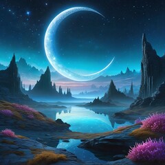 Fototapeta na wymiar Fantasy landscape with a large ethereal crescent moon hanging low on the horizon
