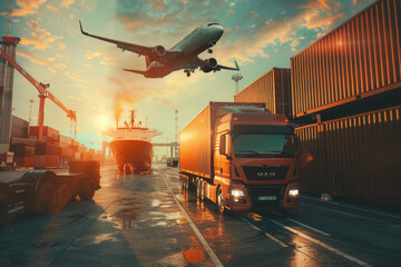 docks cargo containers and container trucks with a flying plane in an industrial port for global business success in energy construction - obrazy, fototapety, plakaty