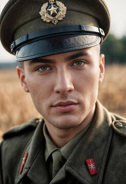 Portrait of a young man in military uniform. Fictional character from World War II. Generative AI
