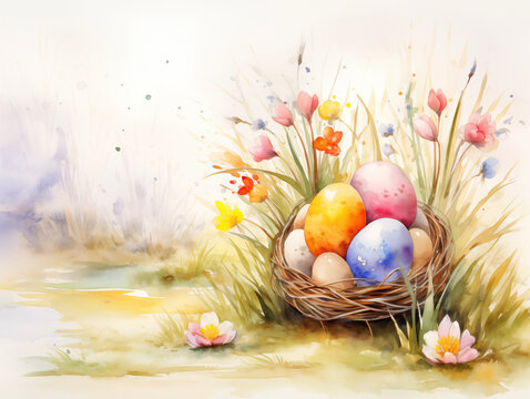 Cozy Easter card template. Flowers, bunny and eggs. Happy Easter backdrop. Watercolor easter celebration background.