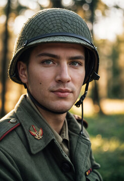 Portrait of a young man in military uniform. Fictional character from World War II. Generative AI