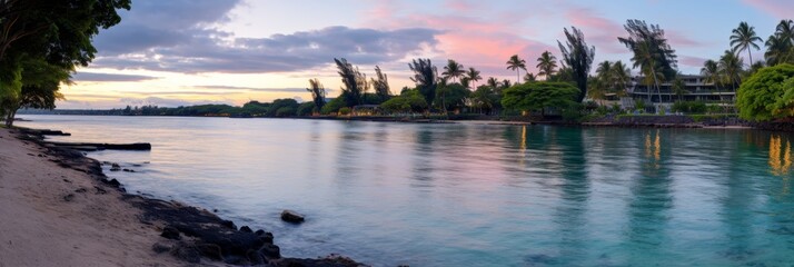Obraz premium Tranquil panoramic sunset view of serene beach, picturesque and beautiful seaside landscape