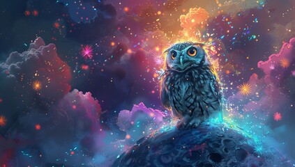 A cute owl sits on the top of an alien planet
