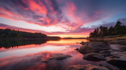 Tranquil mountain landscape with vibrant sunset reflected in serene lake for a mesmerizing view