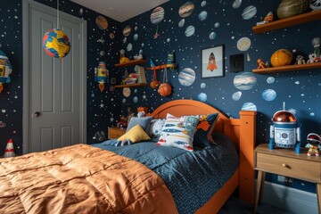 Kids room with space themed design