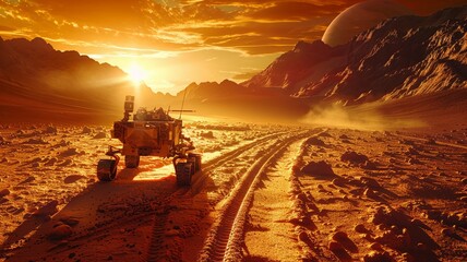 On a distant planet, a rover leaves tracks on crimson soil, searching for signs of life - obrazy, fototapety, plakaty