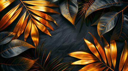 Background illustration of tropical leaves, black and gold. Background wallpaper. Generative AI