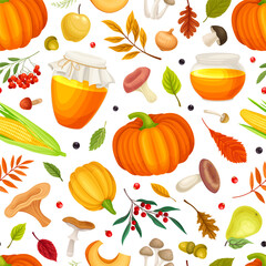 Autumn Season Seamless Pattern Design with Bright Crop and Foliage Vector Template