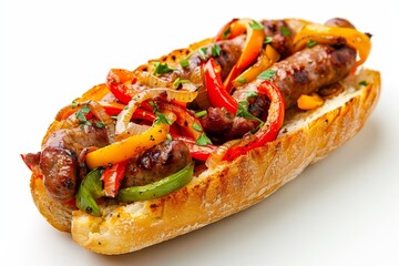 Italian Sausage and Peppers Baguette   Sliced Italian sausage with peppers and onions on a toasted baguette food photogrphy