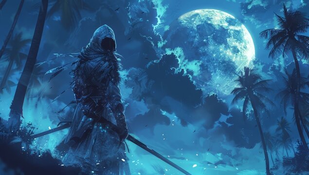 A digital art piece depicts an anime-style character in a moonlit night, wearing a hooded cloak and holding a sword. 