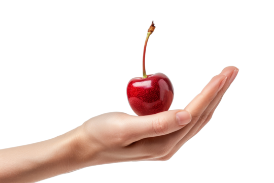 Hand holding a halved, fresh, ripe Cherry fruit , cut out transparent isolated on white background ,PNG file.