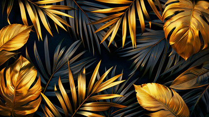 Fototapeta na wymiar Background illustration of tropical leaves, black and gold. Background wallpaper. Generative AI