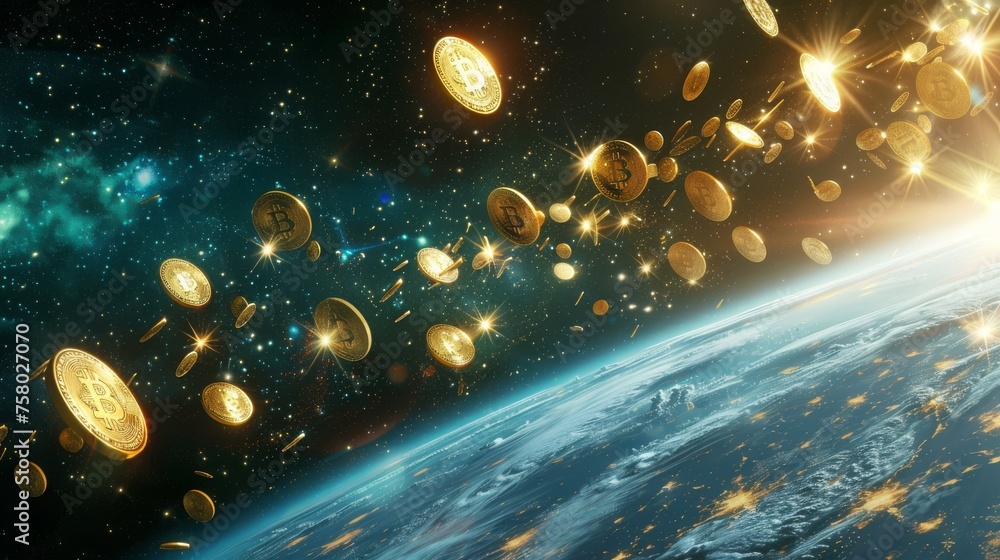 Poster many golden bitcoin coins glimmers with a brightness floating in space