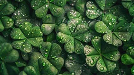Fototapeta premium Field of green clover with raindrops. Fermented shamrock sunshine in the background. St.Patrick 's Day. Place for text. bokeh