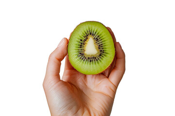 Hand holding a halved, fresh, ripe Kiwi fruit  , cut out transparent isolated on white background ,PNG file.
