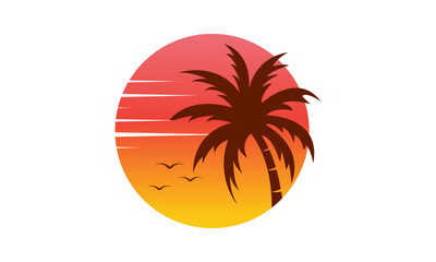 beach view logo design, sunset with island logo design vector illustration	
