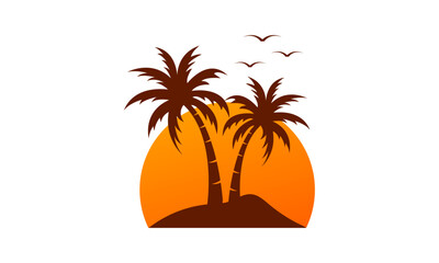 beach view logo design, sunset with island logo design vector illustration	
