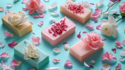 Vibrant handcrafted floral soaps displayed amidst scattered petals on a soft pastel background. - obrazy, fototapety, plakaty