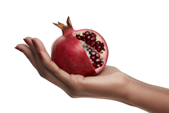hand holding a halved, fresh, ripe pomegranate fruit , cut out transparent isolated on white background ,PNG file.
