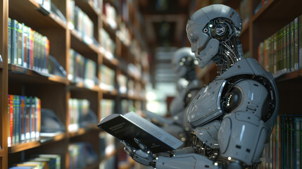  an AI robot reading books in the library, surrounded by bookshelves filled with various academic materials. The background shows other robots working on different tasks