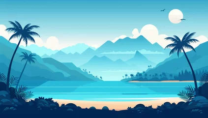 Foto op Canvas A flat vector illustration of the sea, palm trees and beach with mountains in background © Photo And Art Panda