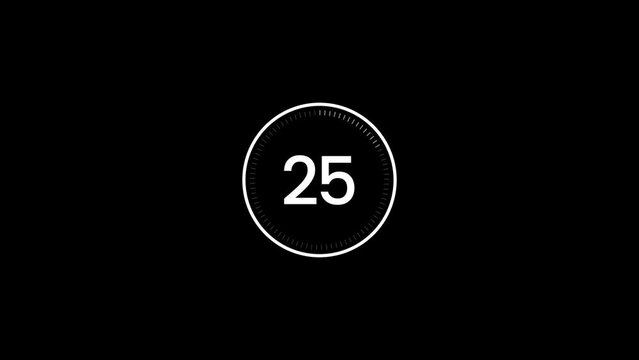 Countdown timer animation from 30 to 0 seconds on black background. 4k video