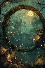 A mystical depiction of a fairy ring with dancing fairies and mushroom houses - obrazy, fototapety, plakaty