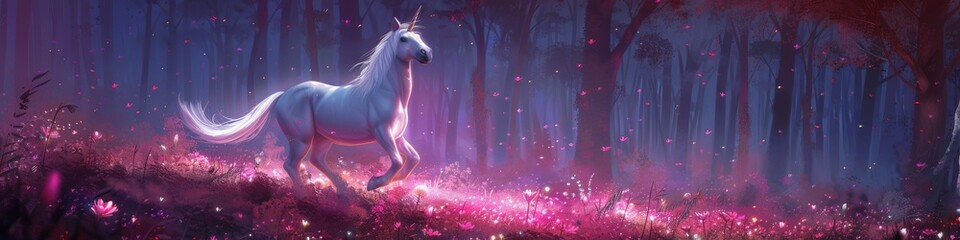 A mystical scene of a unicorn galloping through a field of glowing flowers