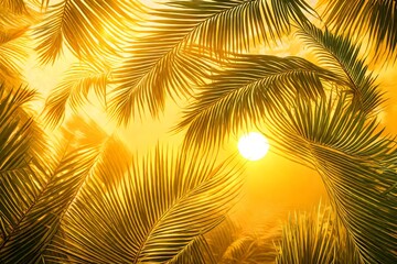 Vibrant sunny backdrop palm leaves with golden sun light. Neural network generated in January 2024. Not based on any actual scene or pattern.