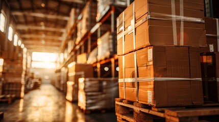 Golden sunlight streams through a warehouse illuminating rows of stacked cardboard boxes ready for dispatch, signifying commerce and industry