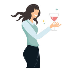Cartoon woman design. A young girl is drinking red wine. Tasting of alcoholic beverages. Vector flat illustration.