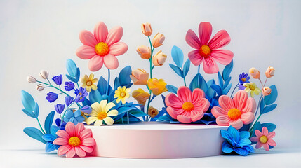 The round podium is decorated with flowers and leaves. Generative AI