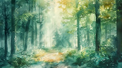 Watercolor depiction of a tranquil forest path, dappled sunlight filtering through trees