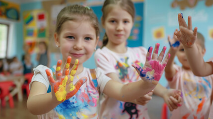 joyful children in kindergarten show palms in paint, hands, little kids, green background, bright colors, space for text, drawing, art, color, red, blue, schoolchildren, playground, Montessori - obrazy, fototapety, plakaty