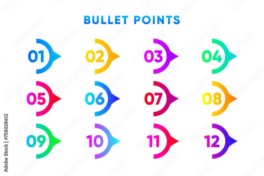 Poster bullet points. direction number from one to twelve. different color a drops. vector illustration.
