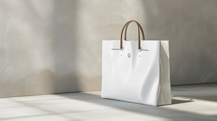 A white shopping bag with brown leather handles stands against a concrete wall, bathed in natural sunlight casting sharp shadows. - obrazy, fototapety, plakaty