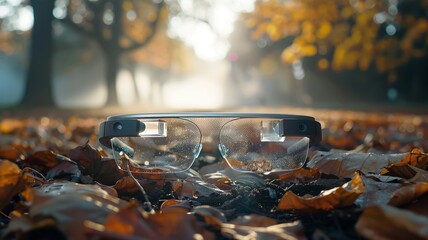 On a foggy morning, a pair of smart glasses reveals the path less traveled through augmented reality - obrazy, fototapety, plakaty