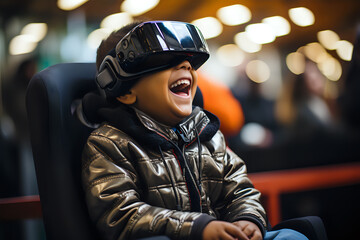 Thrilled child in virtual reality. A young boy is fully immersed and visibly thrilled in a VR world, ideal for showcasing cutting-edge entertainment technology.