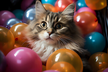 Fototapeta na wymiar Cat amidst colorful balloons. An intrigued fluffy cat is surrounded by a myriad of colorful balloons, perfect for celebration and pet-themed designs.