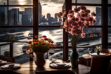 The restaurant's window overlooks the river, and in the evening it features a vase filled with flowers - obrazy, fototapety, plakaty