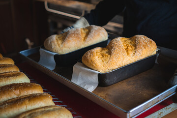 Close up of baker is taking off rye wheat bread from oven, small business bread bakery factory concept