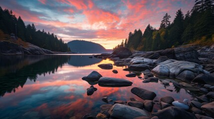 Tranquil mountain landscape with colorful sunset sky reflecting in serene waters of peaceful lake - obrazy, fototapety, plakaty