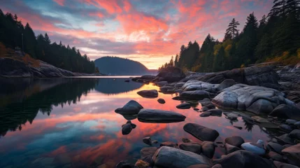 Zelfklevend Fotobehang Reflectie Tranquil mountain landscape with colorful sunset sky reflecting in serene waters of peaceful lake