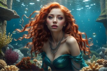 Rothaarige Meerjungfrau unter Wasser - Fantasy