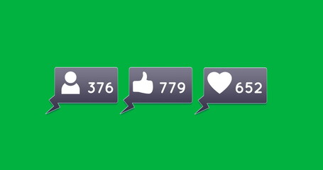 Image of Follow, like and heart button increasing in numbers with green background 4k
