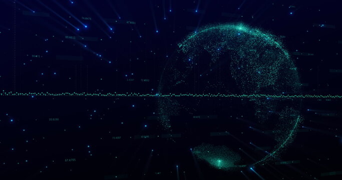 Image of digital information line and globe of glowing points of green light rotating on cosmos back
