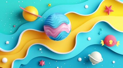 A modern illustration of a solar system background in the style of paper art