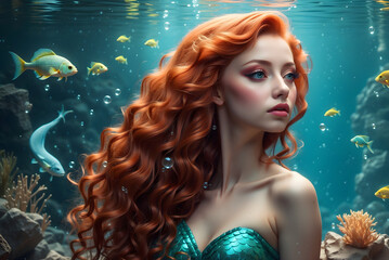 Rothaarige Meerjungfrau unter Wasser - Fantasy - obrazy, fototapety, plakaty