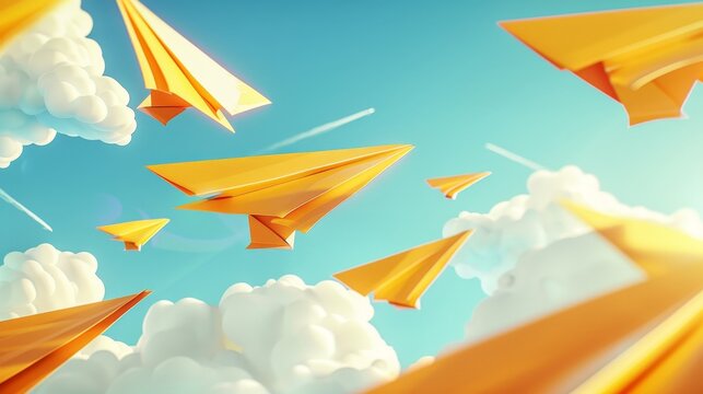 Modern cartoon of a school notebook with yellow paper airplanes in flight.